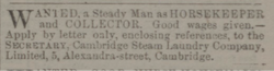 1893 steam laundry cambridge advert for worker