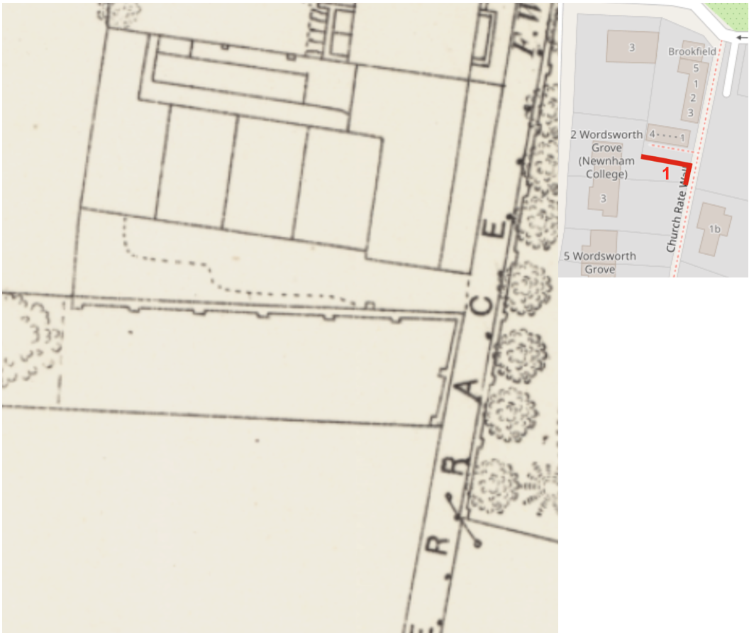 OS Cambridge – Cambridgeshire XLVII.2.16 Surveyed 1886, Published 1888, National Library of Scotland and location map of wall 1.